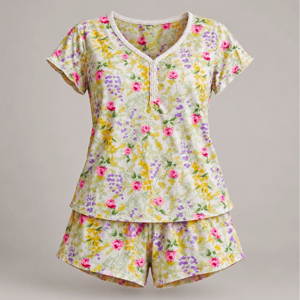 Charter Club Intimates Women M Floral 100% Cotton Knit V-Neck Shorts Pajama Set